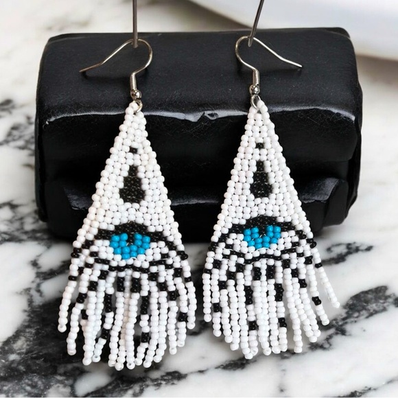 Evil Eye Seed Bead Fringe Earrings: Boho Dangle Earrings Handcrafted White Blue - Picture 1 of 17